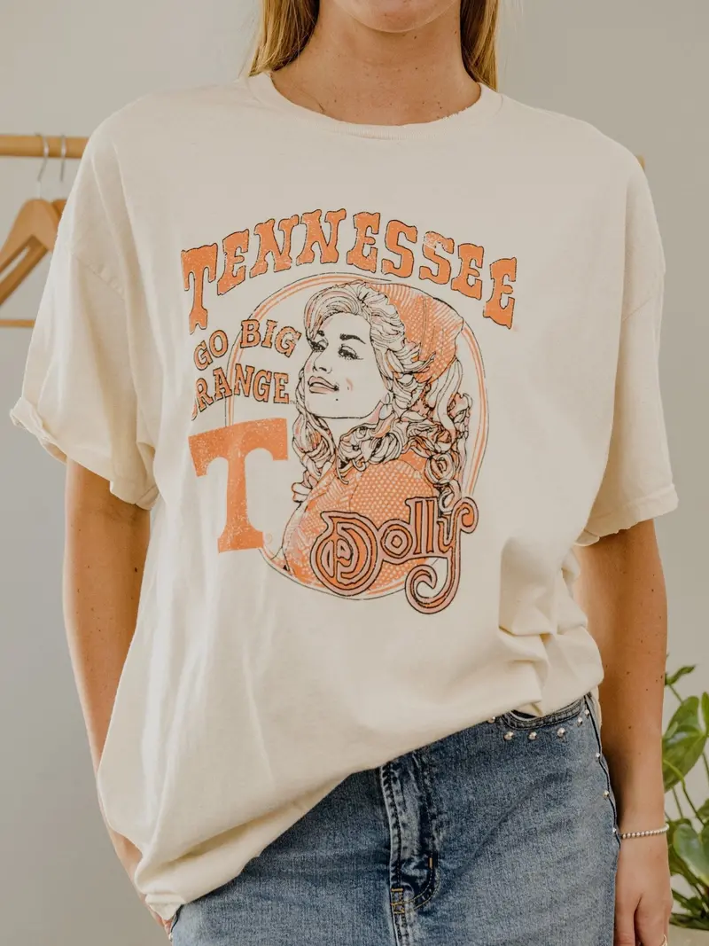Dolly Parton Go Big Orange Scarf Off White Thrifted Tee 1