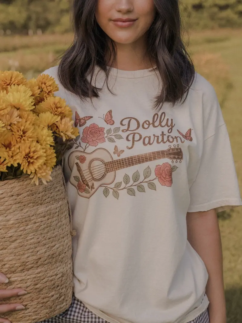 Dolly Parton Guitar Rose Off White Thrifted Distressed Tee 1