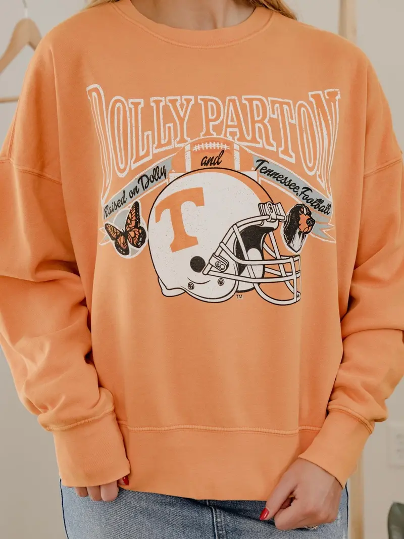 Dolly Parton Raised On Dolly & Tennessee Football Orange Hi-Dive Oversized Crew Sweatshirt 1