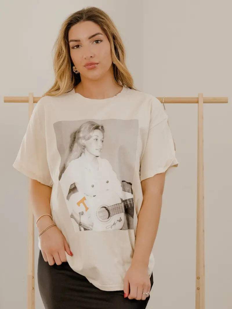 Dolly Parton Tennessee Tattoo Guitar Off White Thrifted Distressed Tee 1