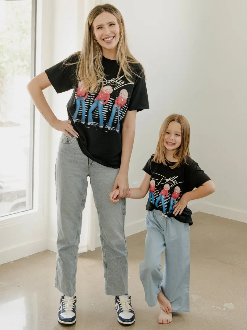 Dolly Parton Triple Threat Black Thrifted Distressed Tee 1