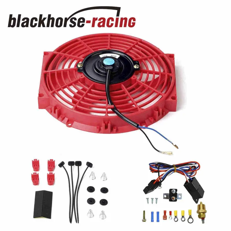 Electric Radiator 10'' Cooling Fan Red & 3/8" Probe Ground Thermostat Switch Kit 1