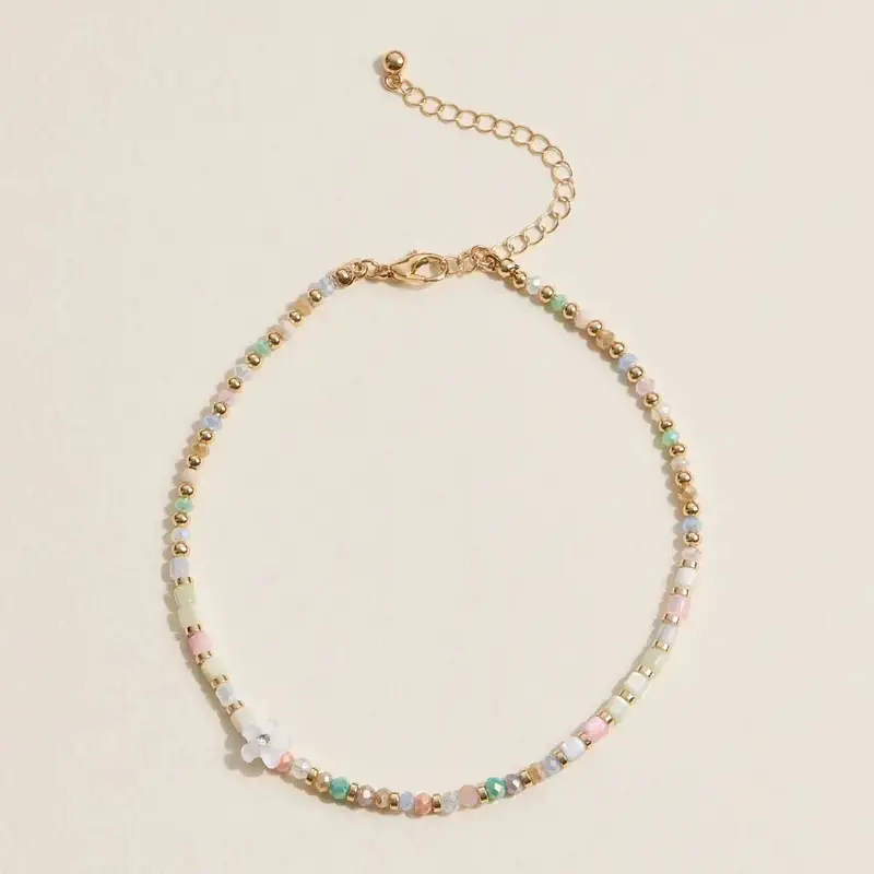 Floral Beaded Anklet With Gold Accents 1