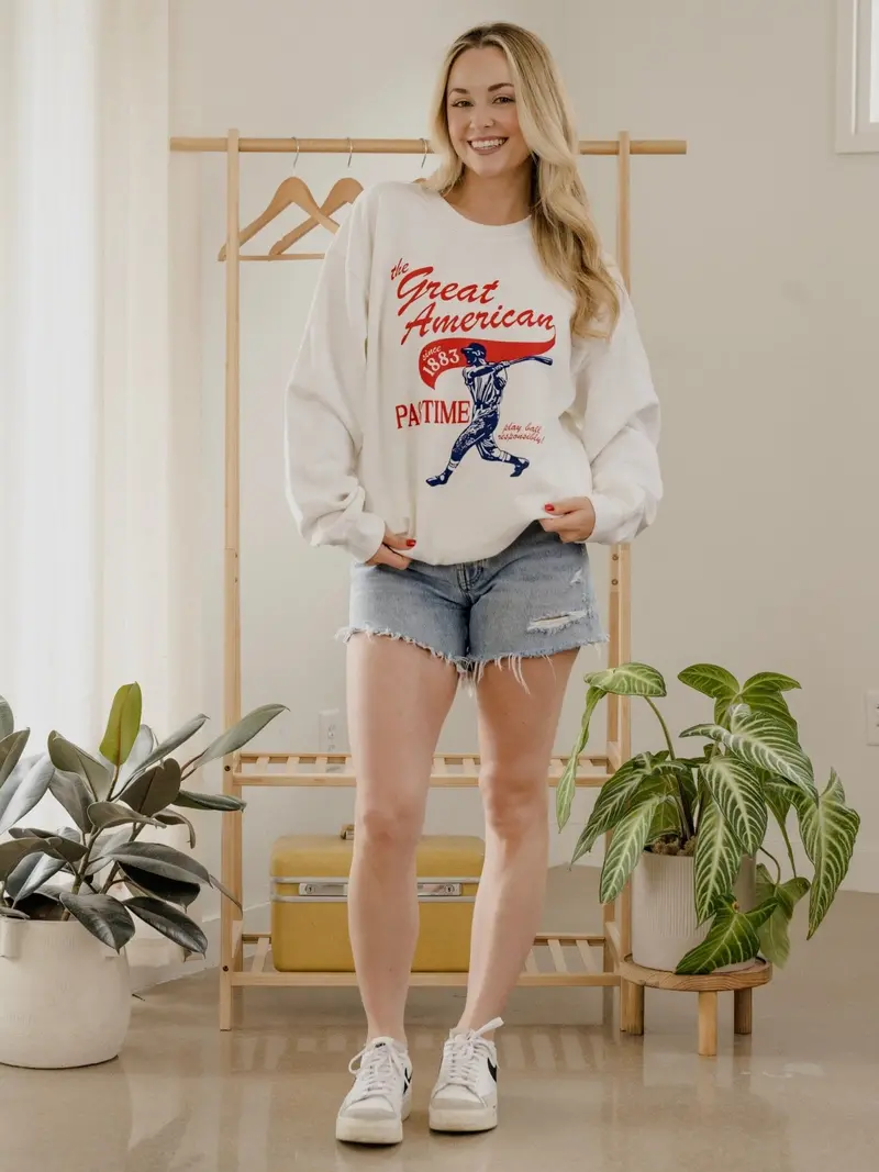 Great American Pastime Baseball White Thrifted Sweatshirt 1
