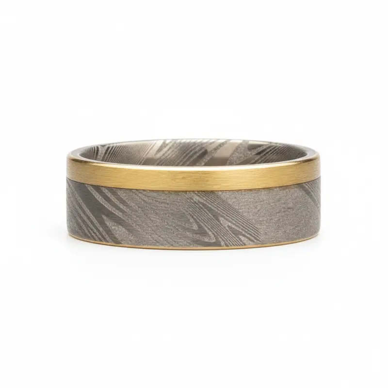 Heavy Stone® Yellow Gold Pinstripe Damascus Steel Men's Band 1