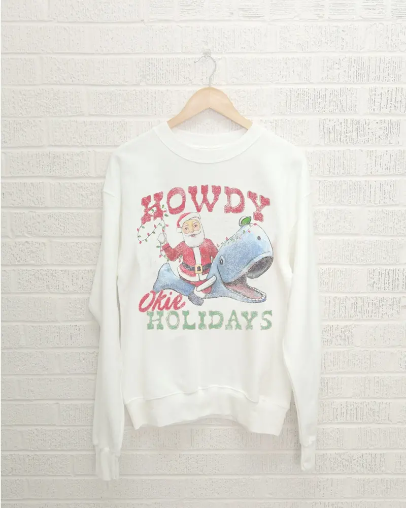 Howdy Okie Holidays Whale White Thrifted Sweatshirt 1