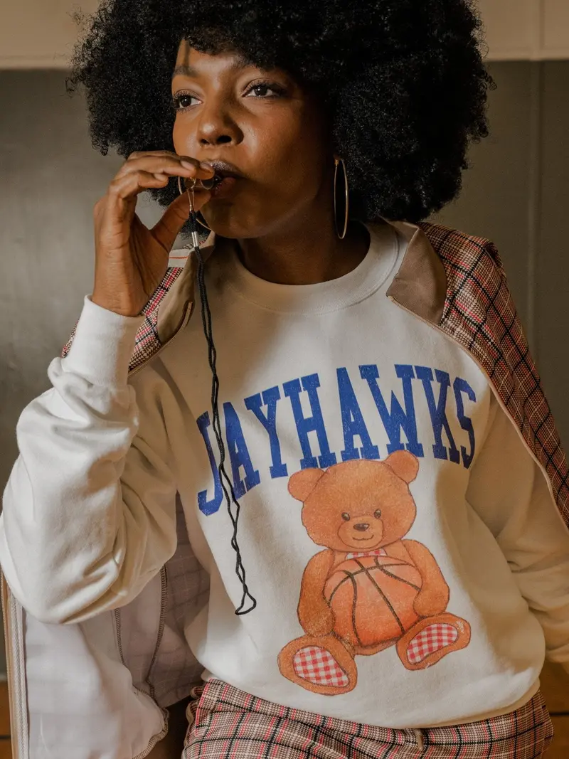 Ku Jayhawks Basketball Bear White Sweatshirt 1