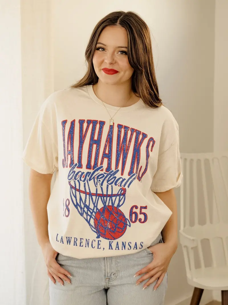 Ku Jayhawks Big Basketball Off White Thrifted Tee 1