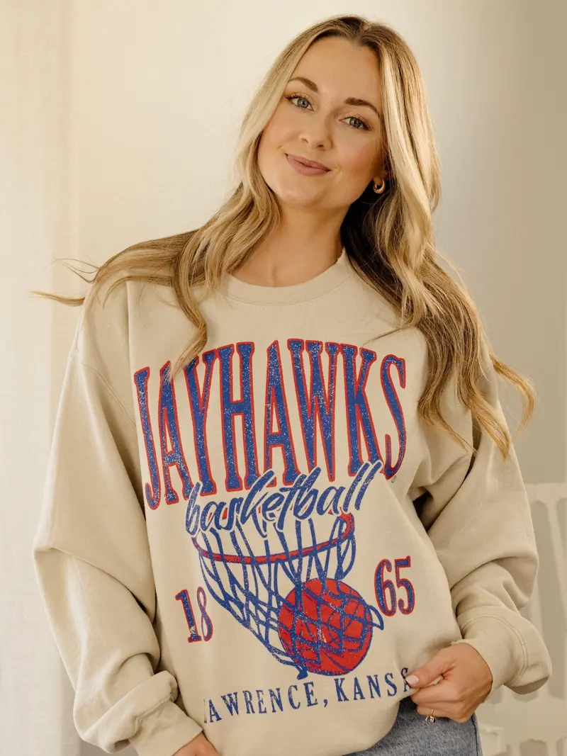 Ku Jayhawks Big Basketball Sand Thrifted Sweatshirt 1