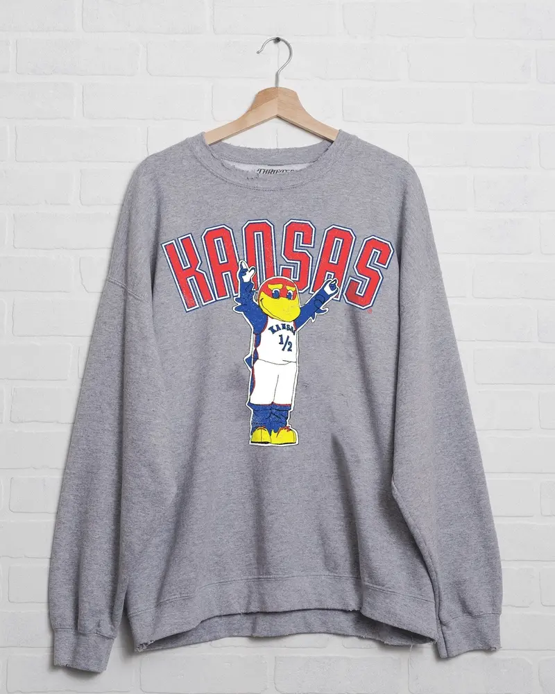 Ku Jayhawks Cartoon Mascot Gray Thrifted Sweatshirt 1