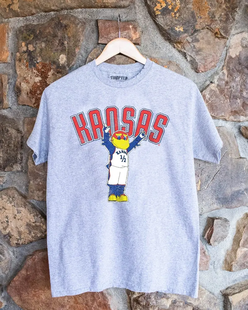 Ku Jayhawks Cartoon Mascot Puff Ink Gray Thrifted Tee 1