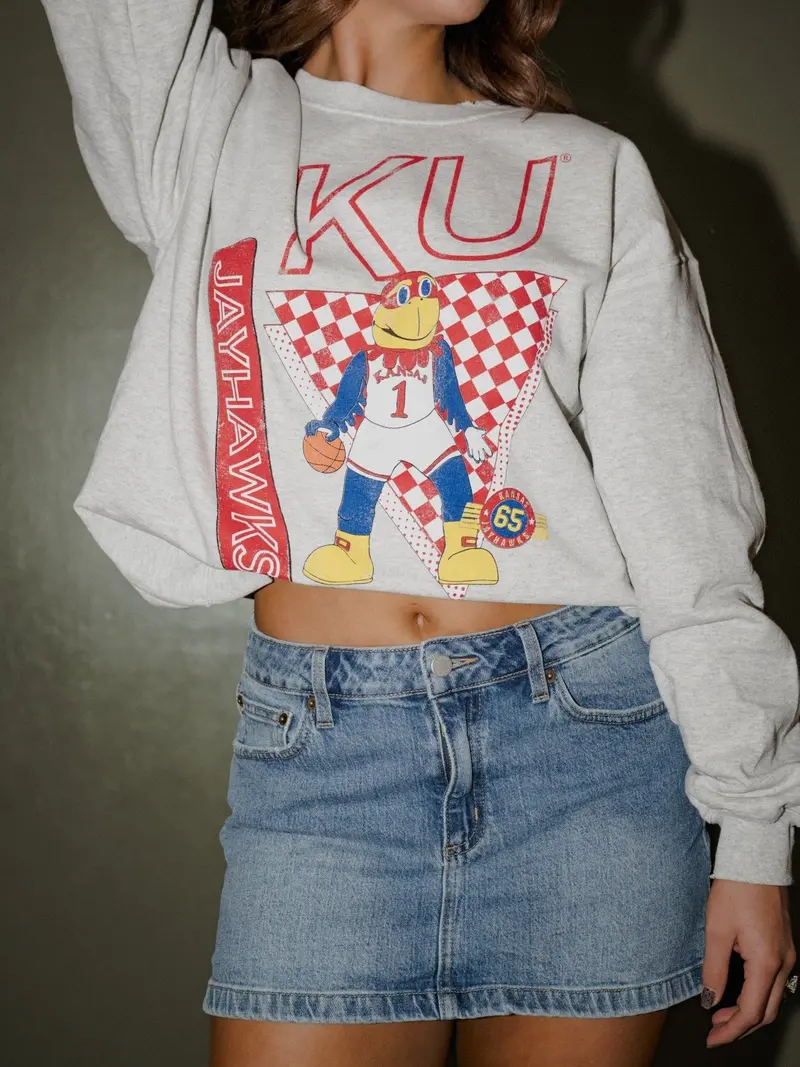 Ku Jayhawks Courtside Basketball Ash Gray Thrifted Sweatshirt 1