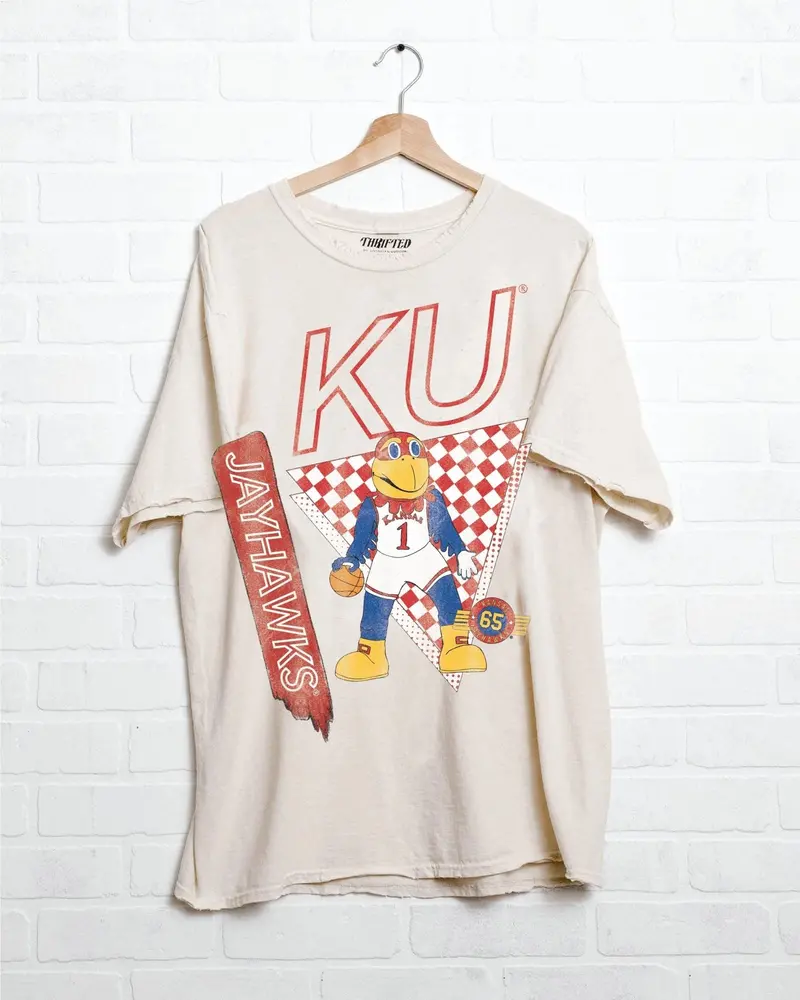 Ku Jayhawks Courtside Basketball Off White Thrifted Tee 1