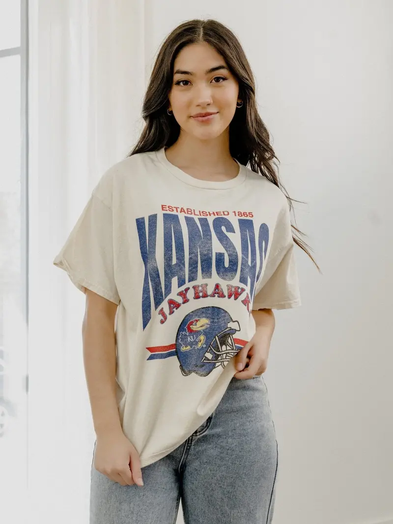 Ku Jayhawks Established Date Helmet Off White Thrifted Tee 1