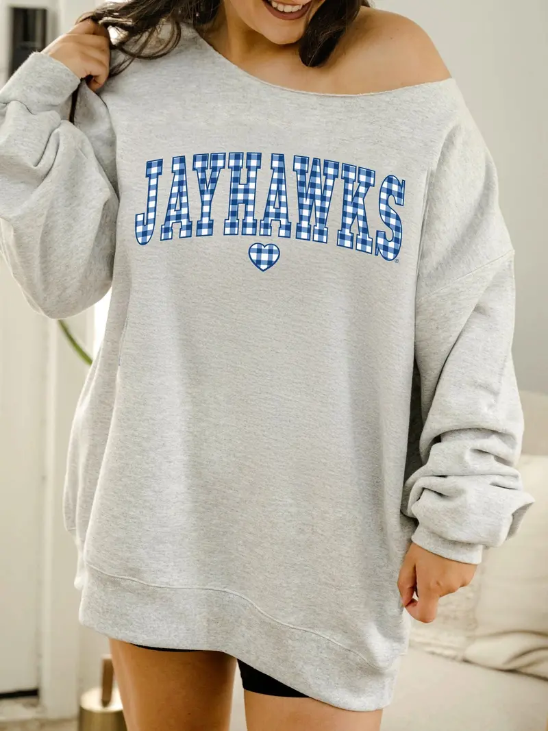 Ku Jayhawks Gingham Heart Ash Gray Flashdance Sweatshirt 1