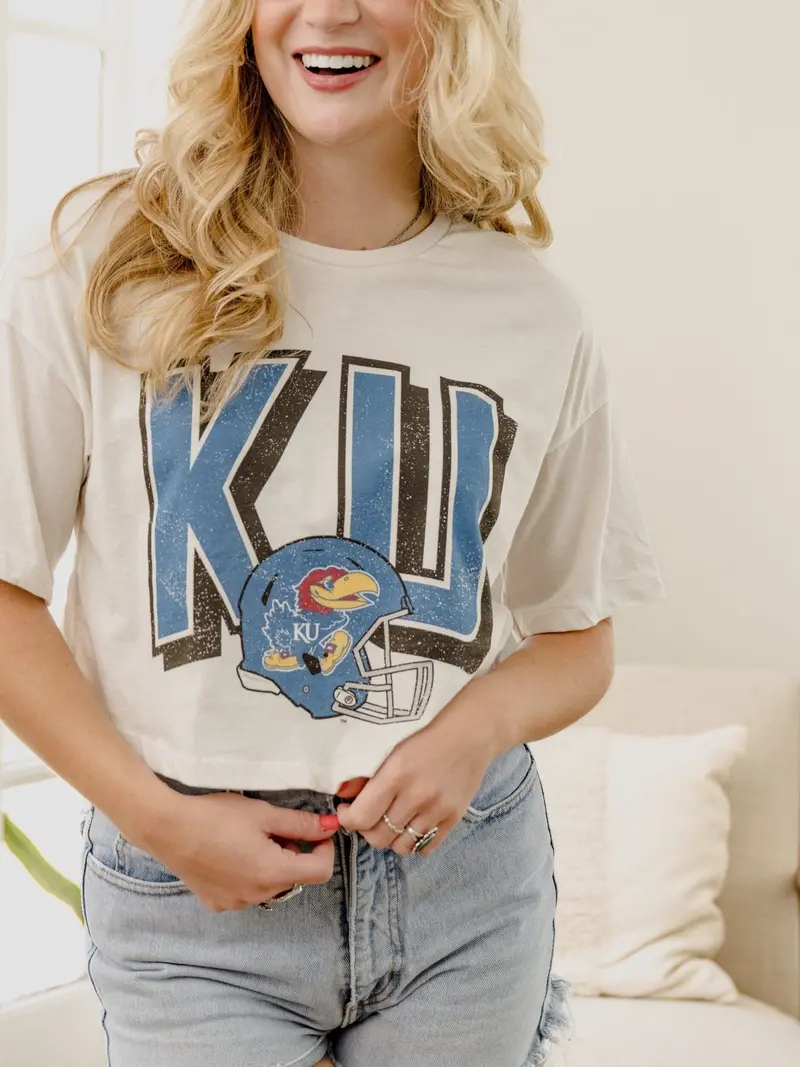 Ku Jayhawks Helmet Fade Off White Cropped Tee 1