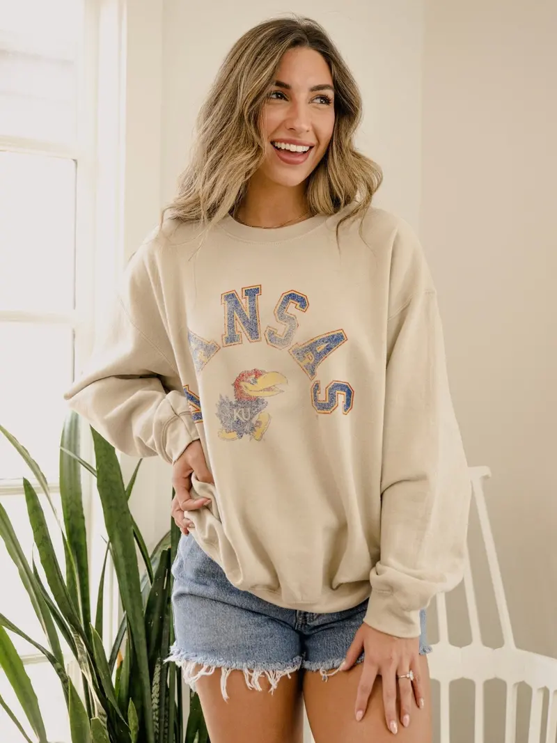 Ku Jayhawks Mega Arch Sand Thrifted Sweatshirt 1