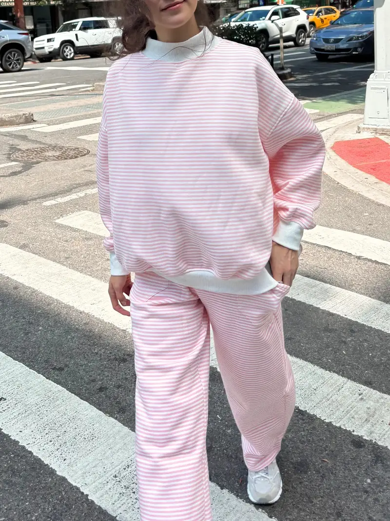 Light Pink And White Big Striped Mockneck Sweatshirt 1