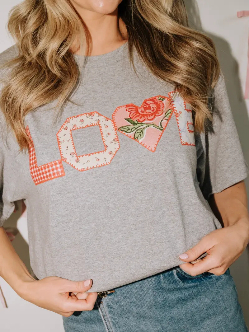 Love Quilt Print Gray Thrifted Tee 1