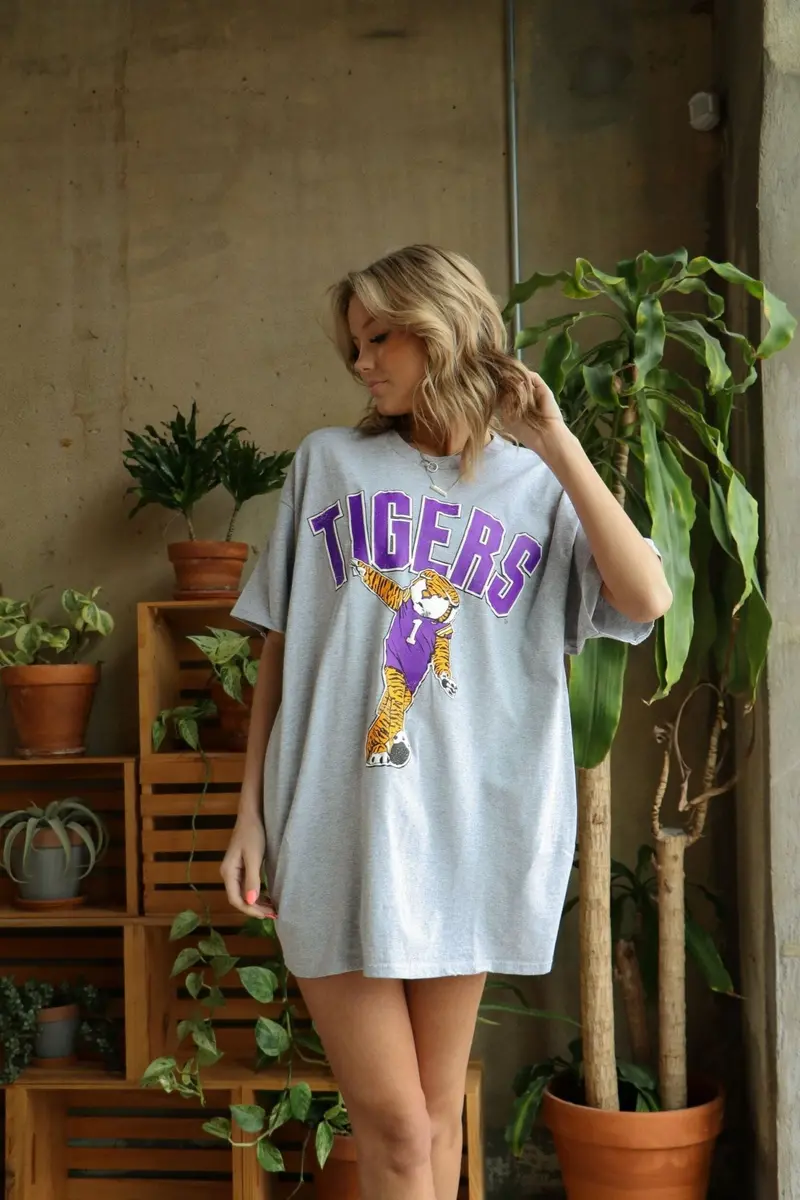 Lsu Tigers Cartoon Mascot Puff Ink Gray Thrifted Tee 1