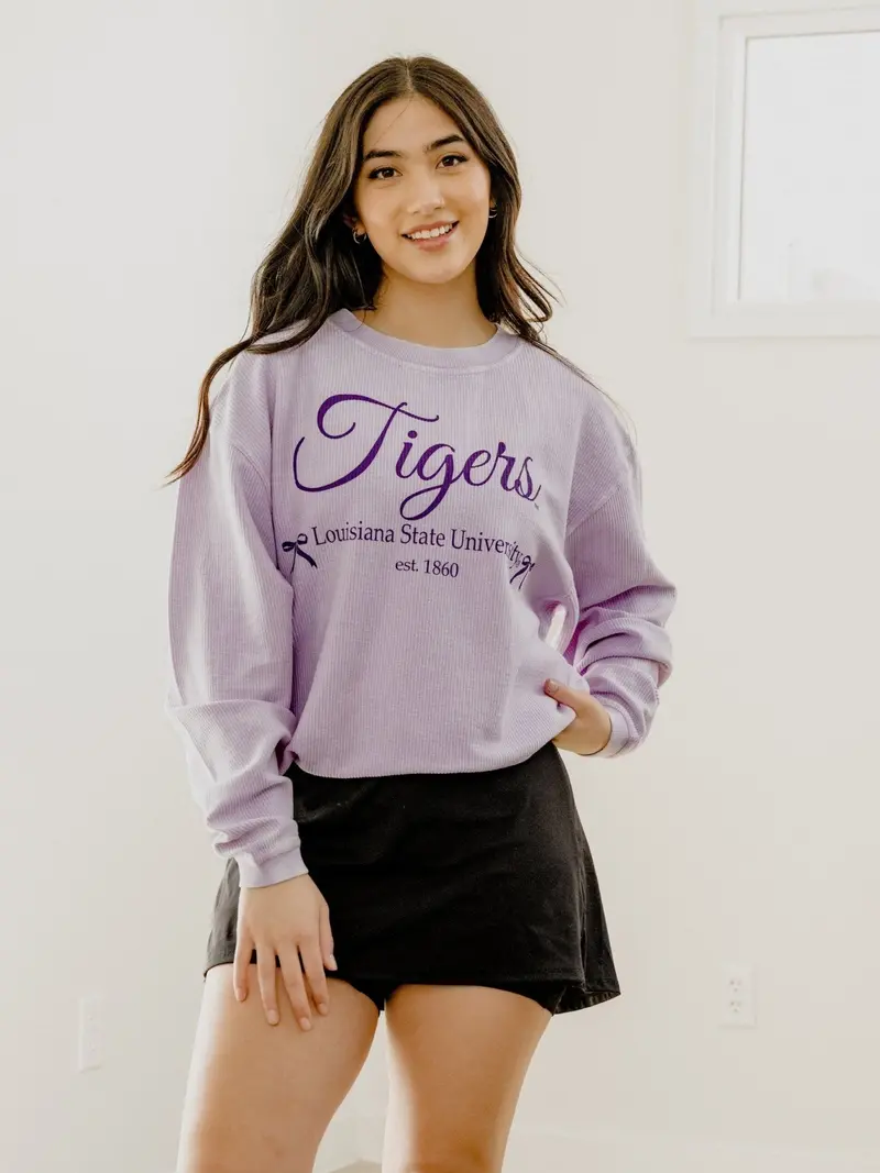 Lsu Tigers Established Bows Lilac Corded Crew Sweatshirt 1