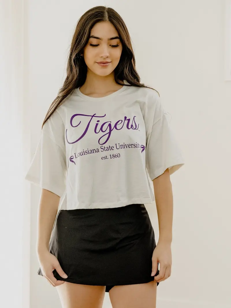 Lsu Tigers Established Bows Off White Cropped Tee 1
