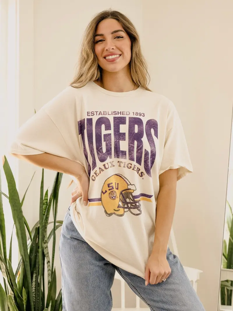 Lsu Tigers Established Date Helmet Off White Thrifted Tee 1