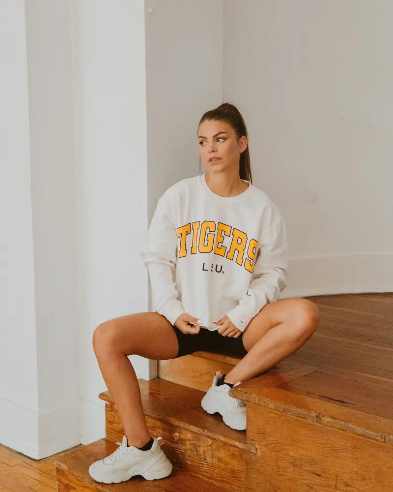 Lsu Tigers Filled Gault Ivory Corded Crew Sweatshirt 1