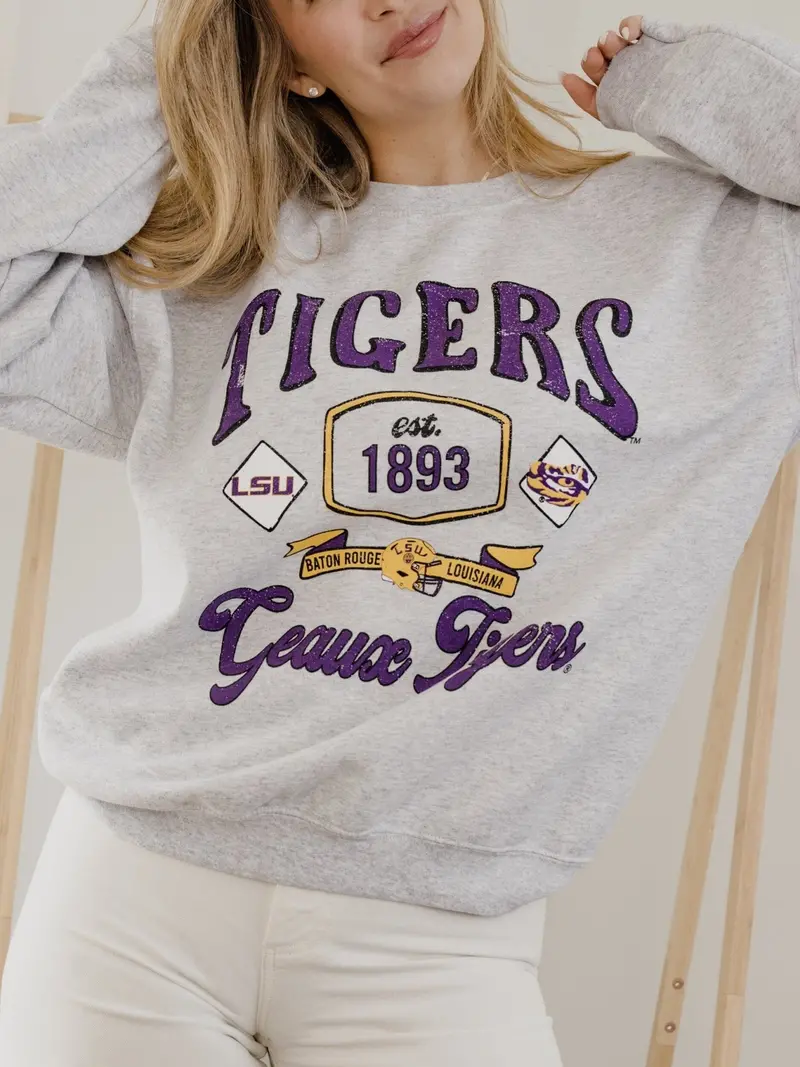 Lsu Tigers Patches 25 Ash Gray Thrifted Sweatshirt 1