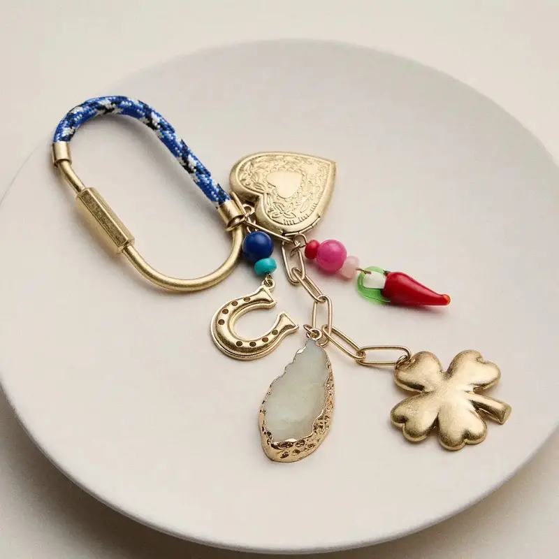 Lucky Bag Charm Keychain With Heart, Clover And Horseshoe 1