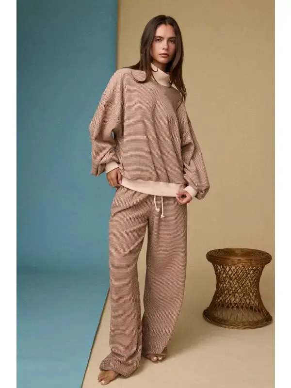Mock Neck Stripe Lounge Set (Rust) 1