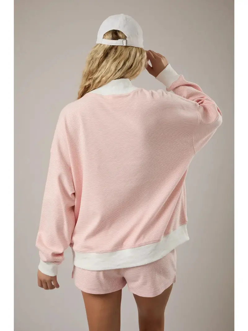 Mock Neck Stripe Sweatshirts Top Peach-Cream 1