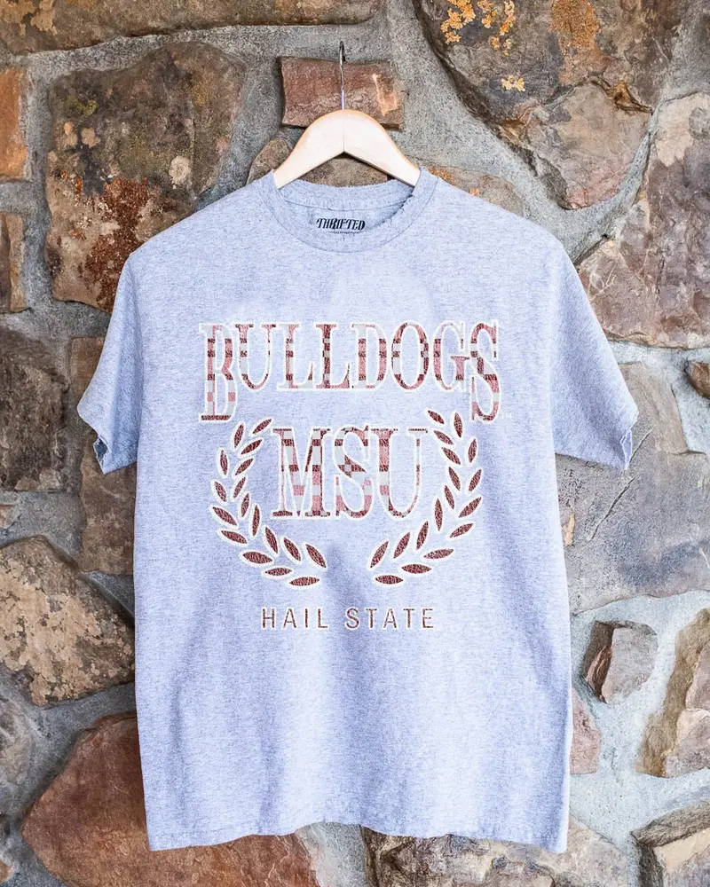 Msu Bulldogs Plaid Crest Gray Thrifted Tee 1