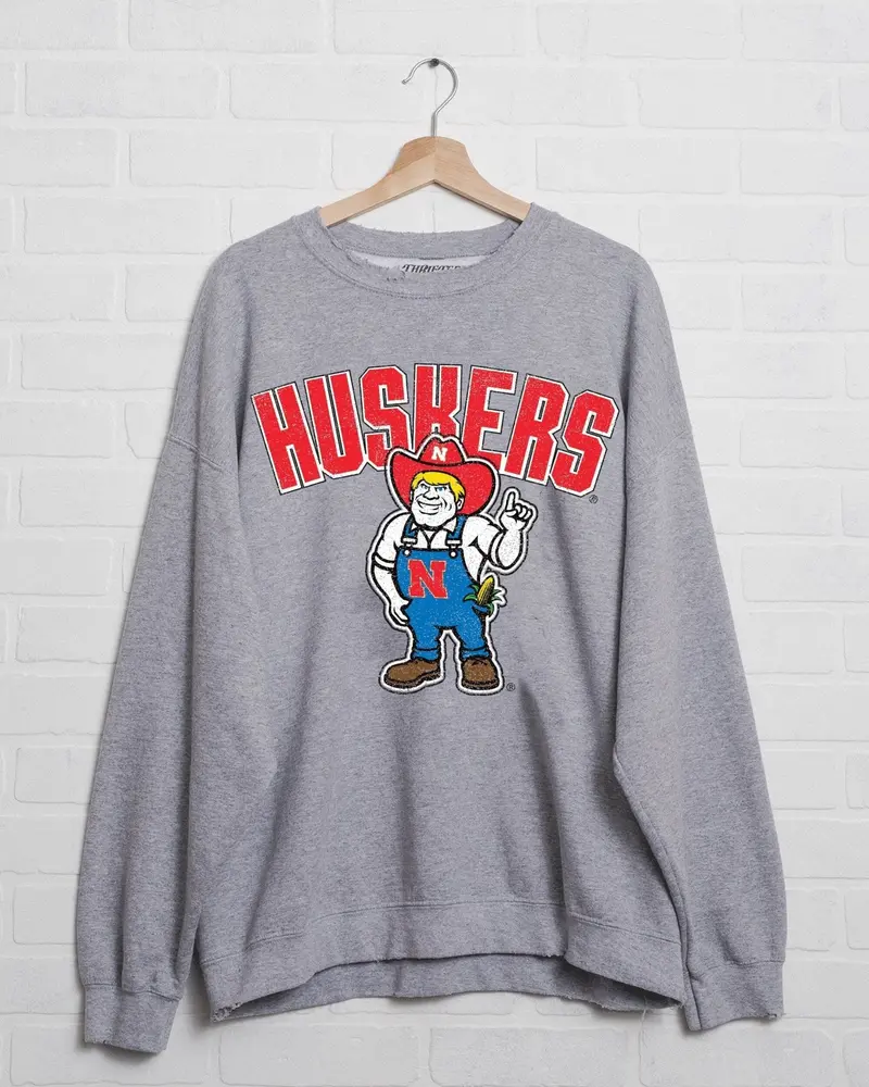 Nebraska Huskers Cartoon Mascot Puff Ink Gray Thrifted Sweatshirt 1