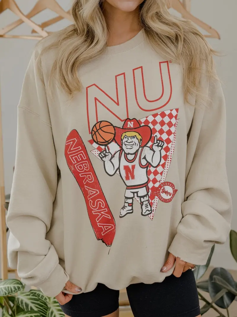 Nebraska Huskers Courtside Basketball Sand Thrifted Sweatshirt 1