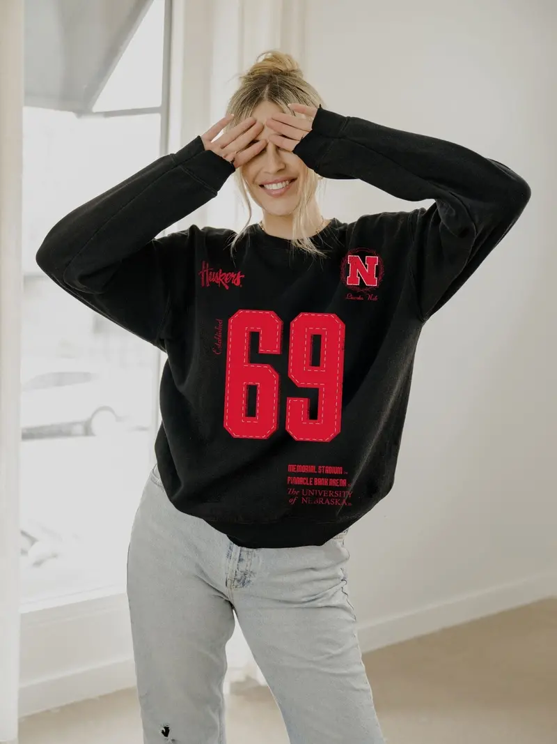 Nebraska Huskers Crest Stamp Black Thrifted Sweatshirt 1