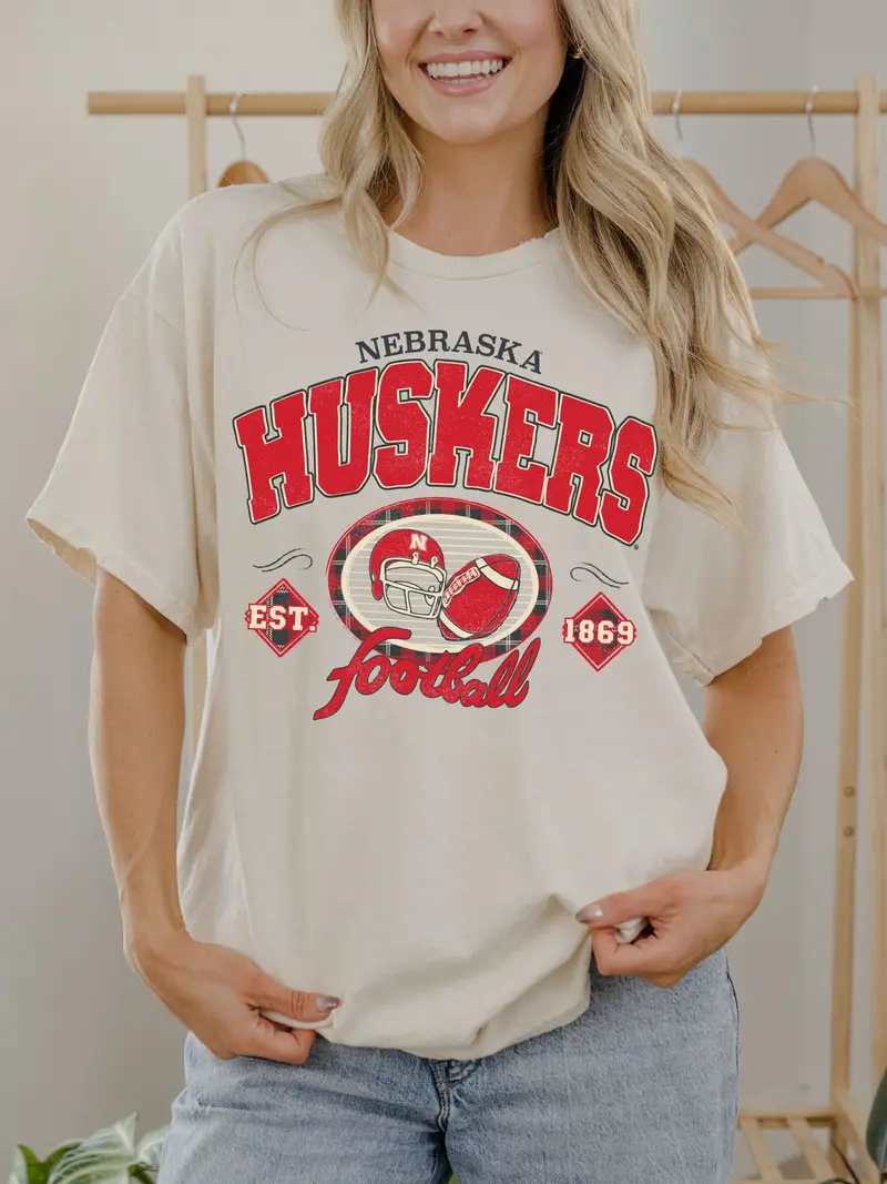 Nebraska Huskers Gridiron Football Off White Thrifted Tee 1