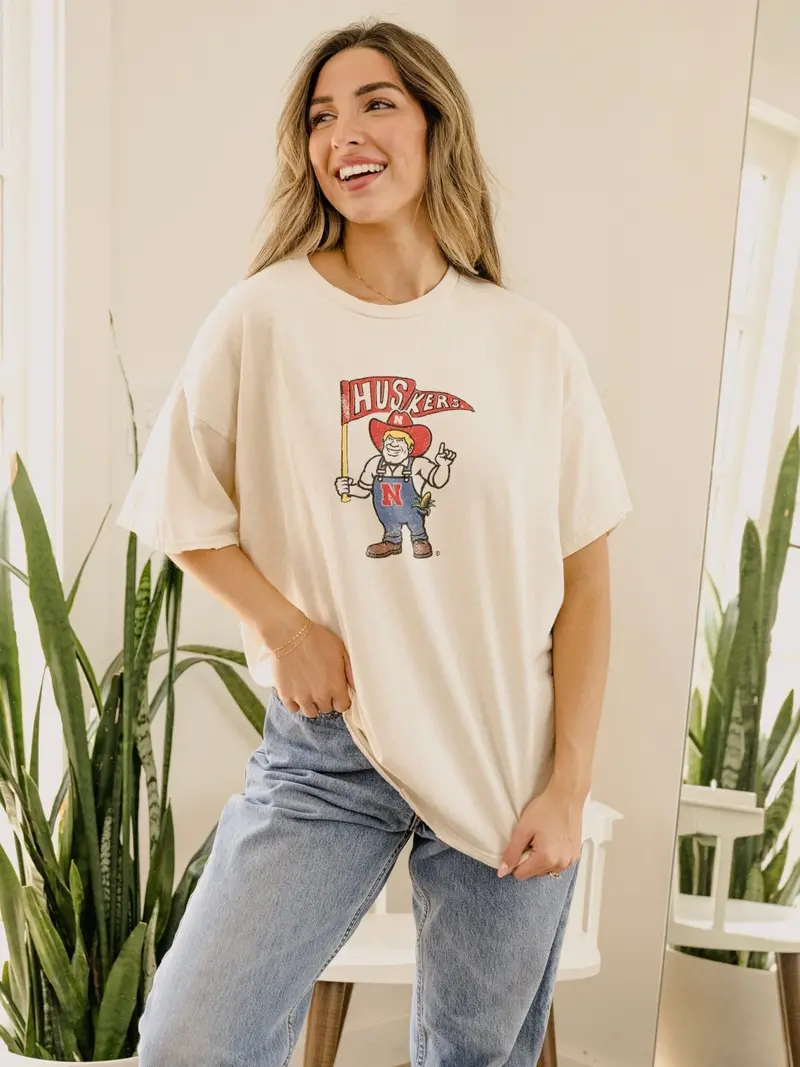 Nebraska Huskers Mascot Flag Off White Thrifted Tee 1