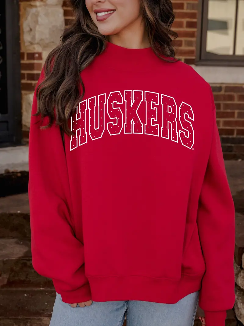 Nebraska Huskers Polka Dot Puff Ink Weekend Red Mock Neck Sweatshirt 1