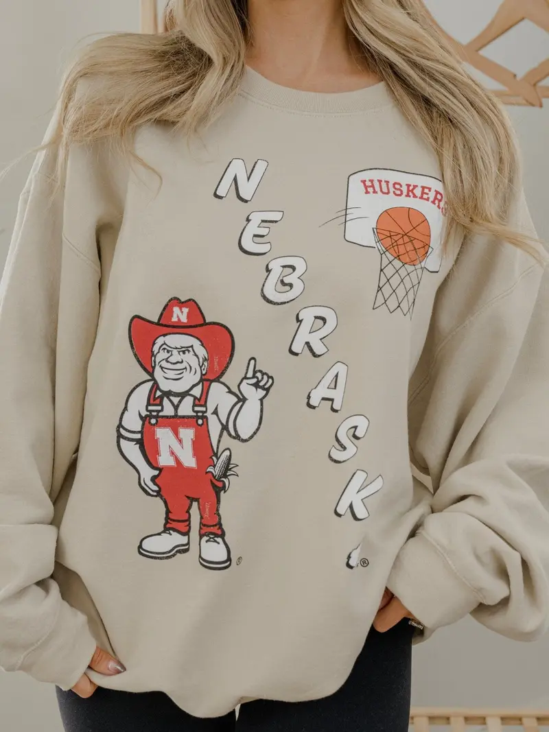 Nebraska Huskers Retro Basketball Sand Thrifted Sweatshirt 1