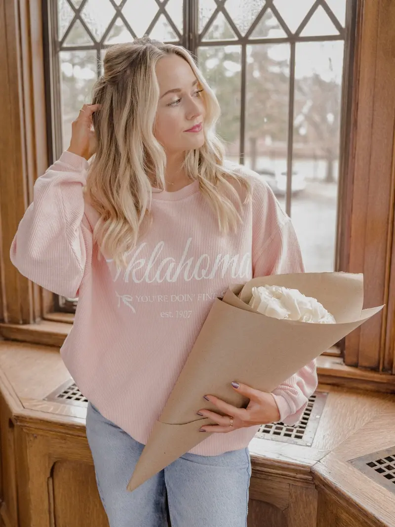 Oklahoma Est. Bows Pink Corded Crew Sweatshirt 1