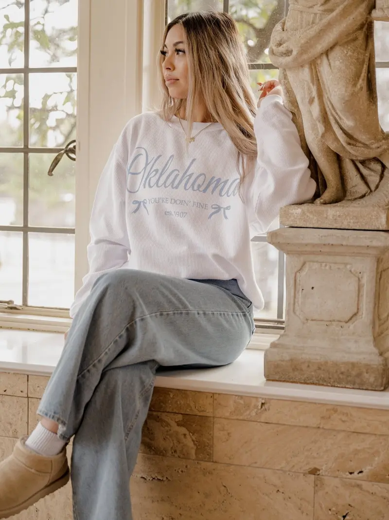 Oklahoma Est. Bows White Corded Crew Sweatshirt 1