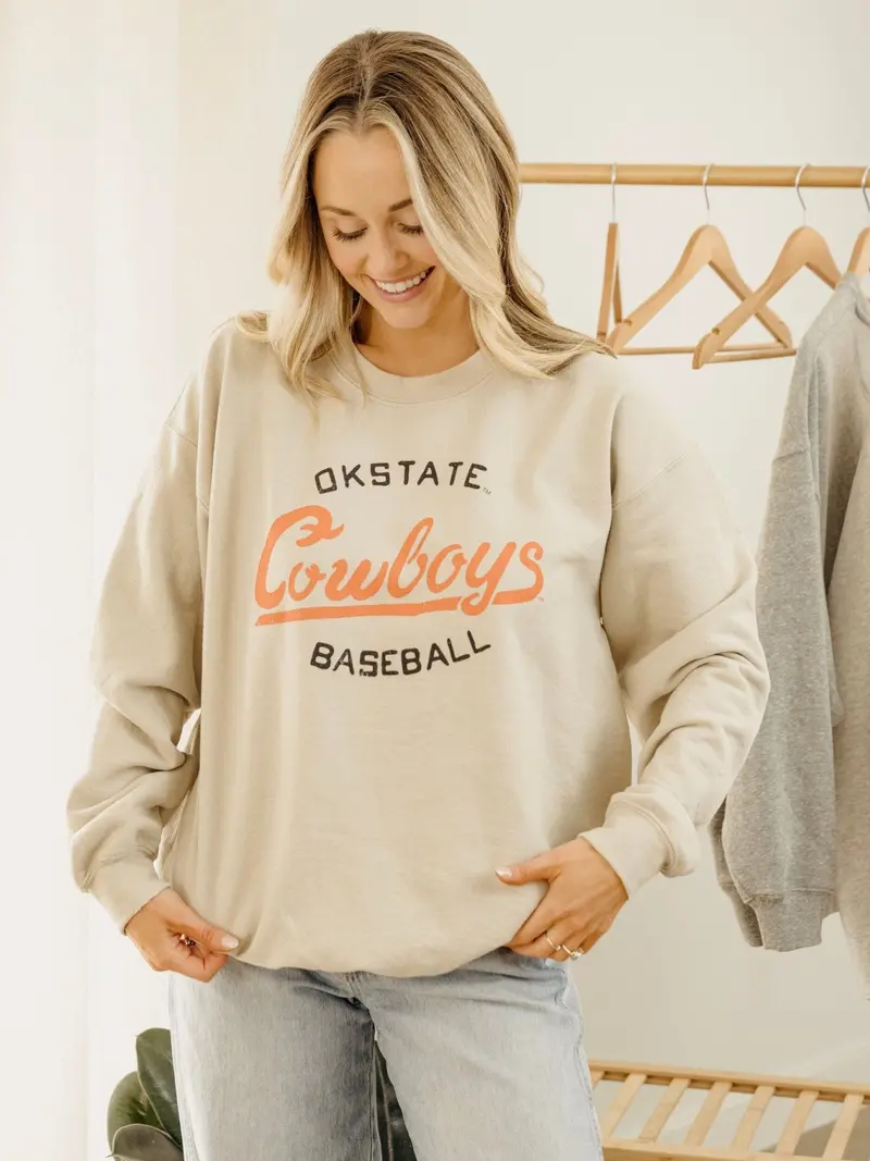 Osu Cowboys Baseball Stencil Sand Thrifted Sweatshirt 1