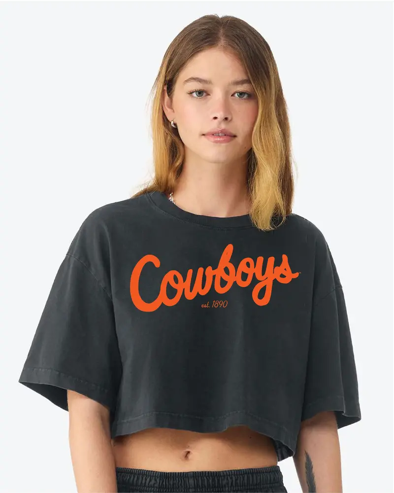 Osu Cowboys Bold Script Washed Black Heavyweight Cropped Tee 1