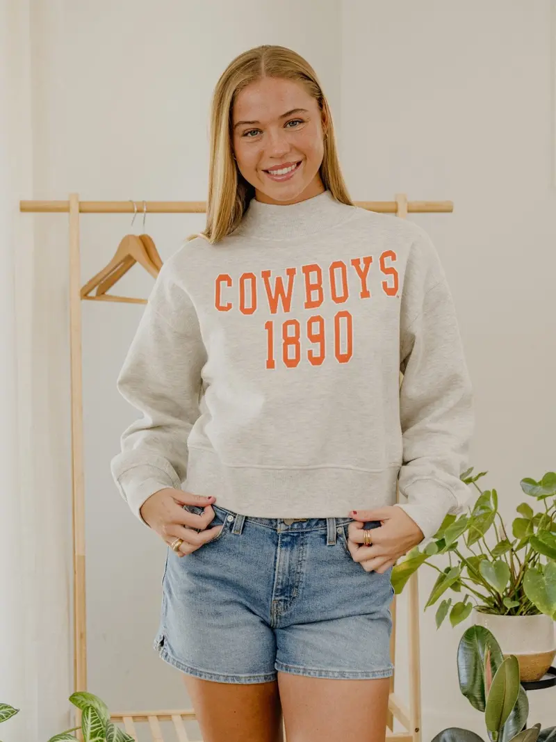 Osu Cowboys College Block Puff Ink Gray Mock Neck Hi-Dive Sweatshirt 1