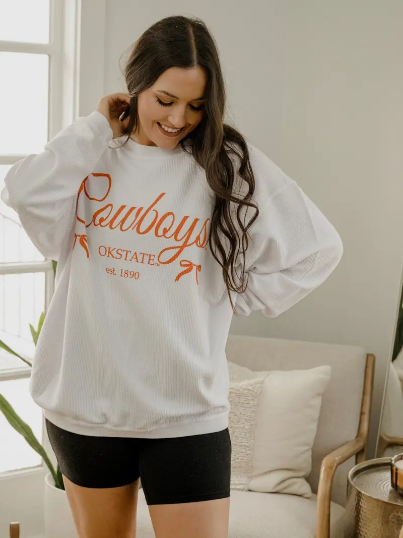 Osu Cowboys Established Bows White Corded Crew Sweatshirt 1