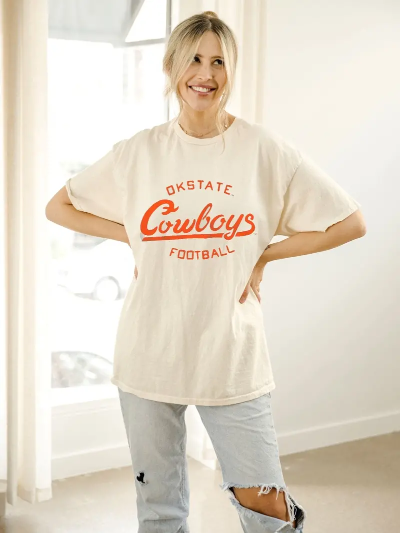 Osu Cowboys Football Stencil Off White Thrifted Tee 1