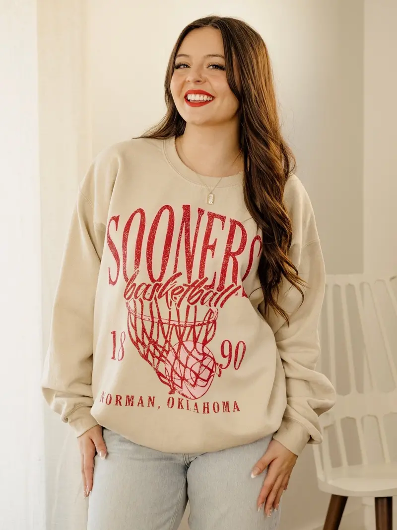 Ou Sooners Big Basketball Sand Thrifted Sweatshirt 1