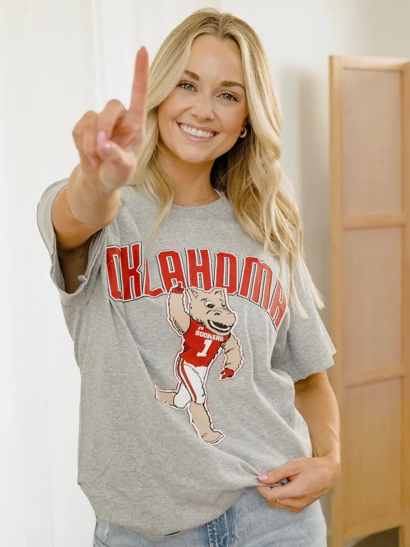 Ou Sooners Cartoon Mascot Puff Ink Gray Thrifted Tee 1
