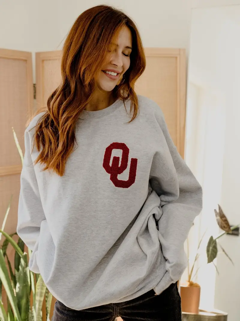 Ou Sooners Chenille Patch Ash Gray Sweatshirt 1